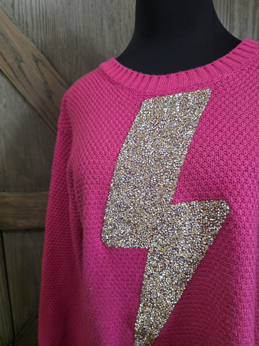 Judith March Hot Pink Knit Sweater with Gold Sequin Lightning Bolt - Picture 2 of 5